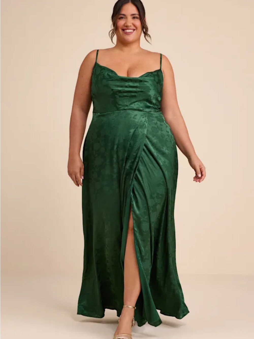 Lulu's Emerald Green Jacquard Satin Maxi Slip Dress with Side Slit
